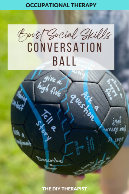 DIY conversation ball for social-emotional learning and visual tracking during group therapy sessions.
