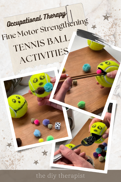 Fine motor strengthening activity: Using a tennis ball 'mouth' to improve hand strength and visual perception.